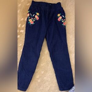 Mini Boden Navy Corduroy Pants with Colorful Floral Embroidery